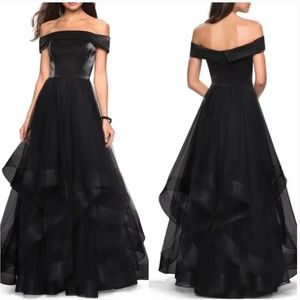 LA FEMME Off The Shoulder Black Ruffle Gown